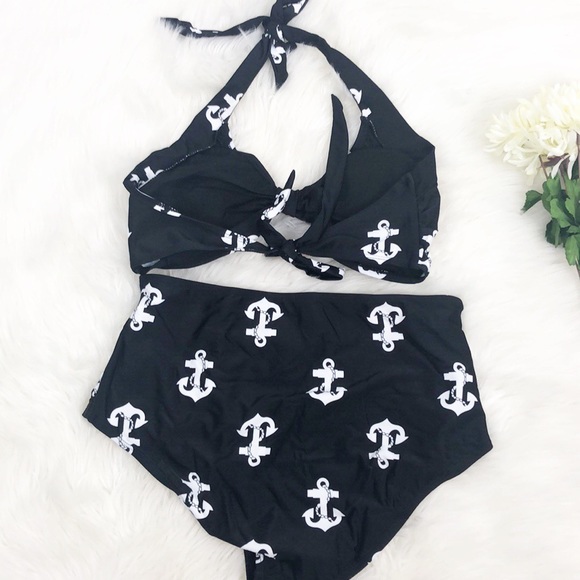Nautical Anchor Swimsuit Retro Black White Halter High Waist - Picture 6 of 6